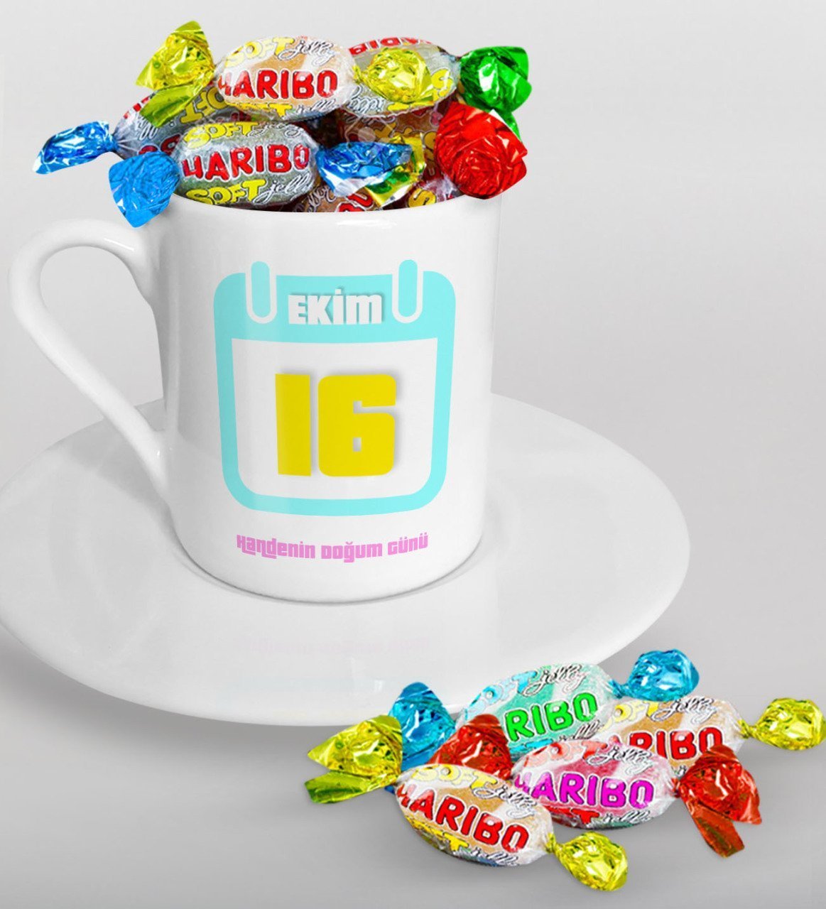 Kişiye Özel Doğum Günü Takvimi Türk Kahvesi Fincanı ve Haribo Şeker Hediye Seti-6