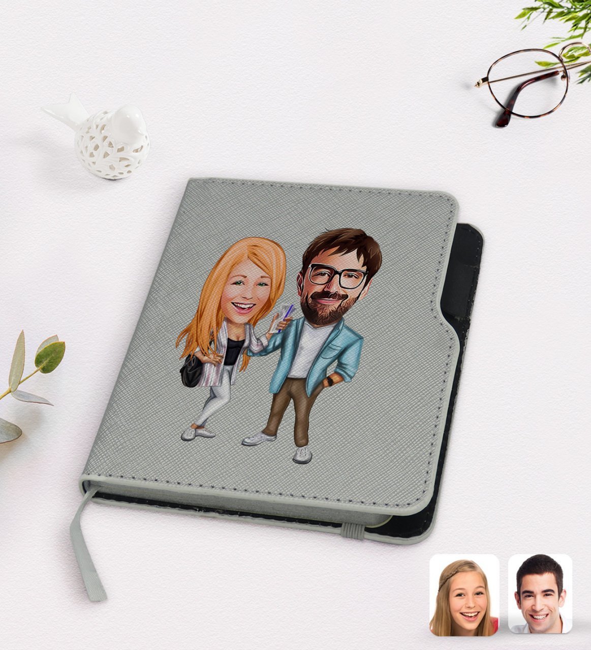 Kişiye Özel Sevgililer Karikatürlü Gri Termo Deri Defter-93