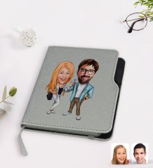 Kişiye Özel Sevgililer Karikatürlü Gri Termo Deri Defter-93