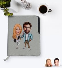Kişiye Özel Sevgililer Karikatürlü Gri Termo Deri Defter-93