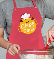 BK Gift Kişiye Özel İsimli Chef Tasarımlı Profesyonel Kırmızı  Mutfak Önlüğü, Aşçı Önlüğü, Şef Önlüğü, Arkadaşa Hediye-3