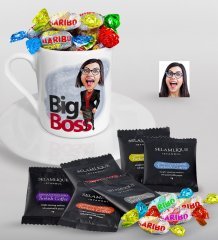 Kişiye Özel Bayan Big Boss Karikatürlü Türk Kahvesi Fincanı Selamlique Karışık Türk Kahvesi ve Haribo Şeker Hediye Seti-2