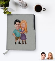 Kişiye Özel Sevgililer Karikatürlü Gri Termo Deri Defter-80