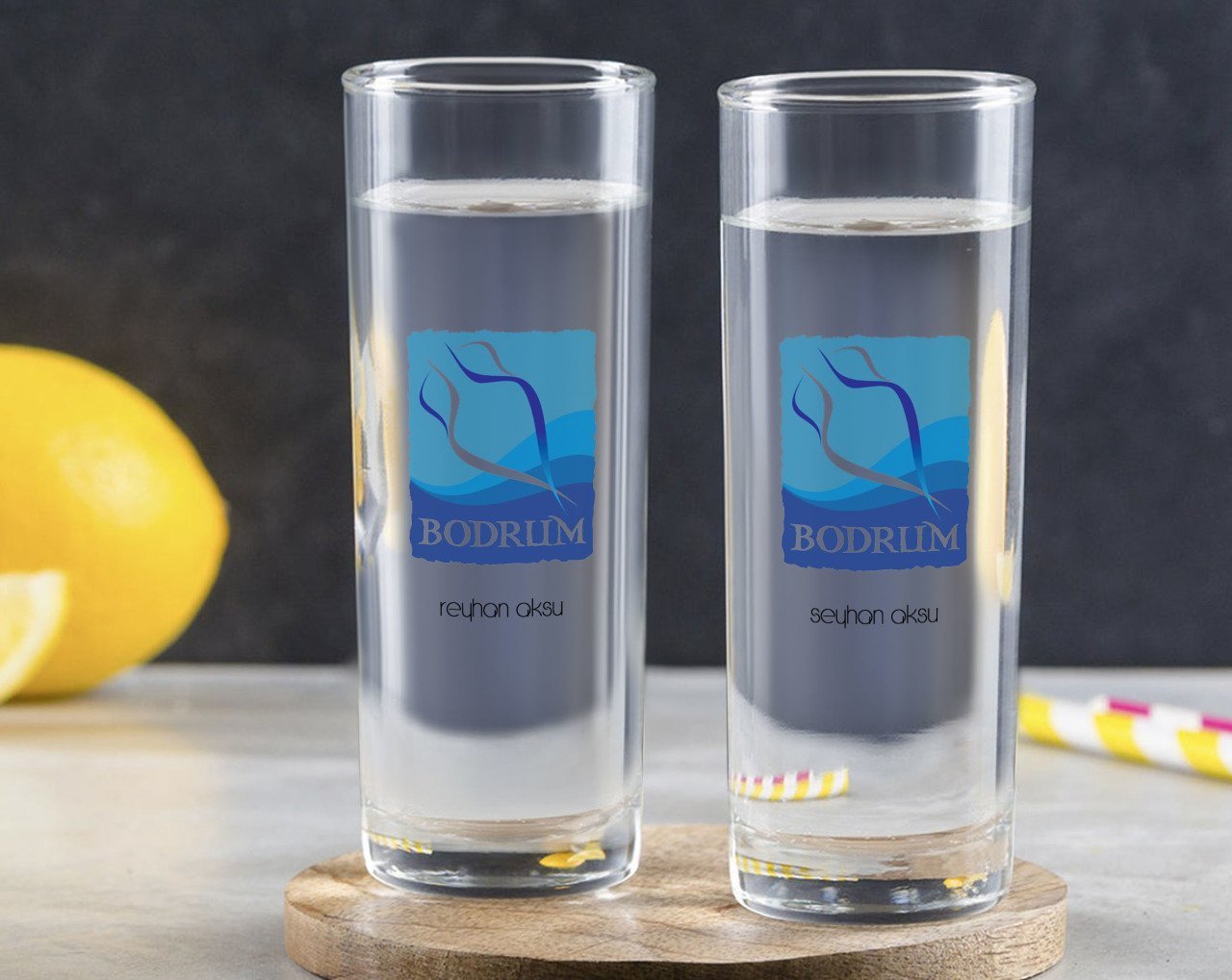 Kişiye Özel Renkli Baskılı Bodrum Tasarımlı Turistik İkili Vodka Bardağı-1