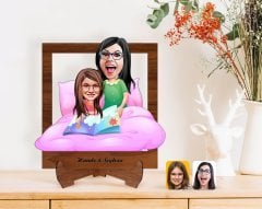 Kişiye Özel Anneler Günü Temalı Anne Kız Karikatürlü Ahşap Standlı 3D Biblo-3