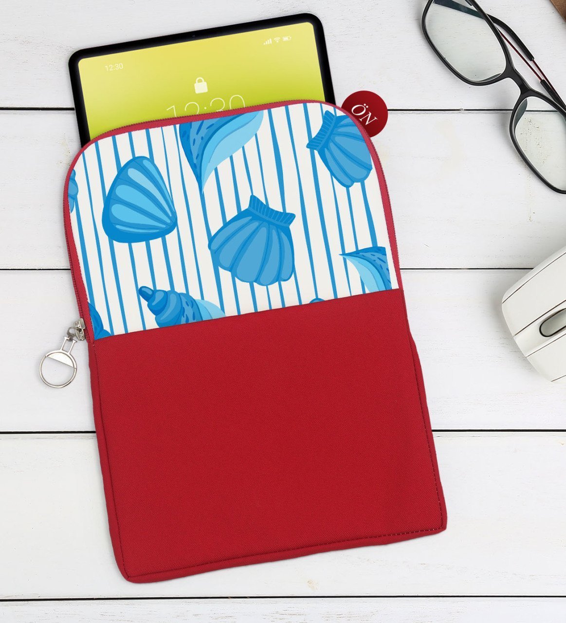 BK Gift Deniz Kabukları Tasarımlı Taşınabilir Koruyucu Tablet Kılıfı & Organizer Çanta - Kırmızı-2