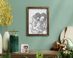 BK Home Anne Kız Karakalem Fotoğraflı Doğal Masif Ahşap Çerçeveli Tablo-1