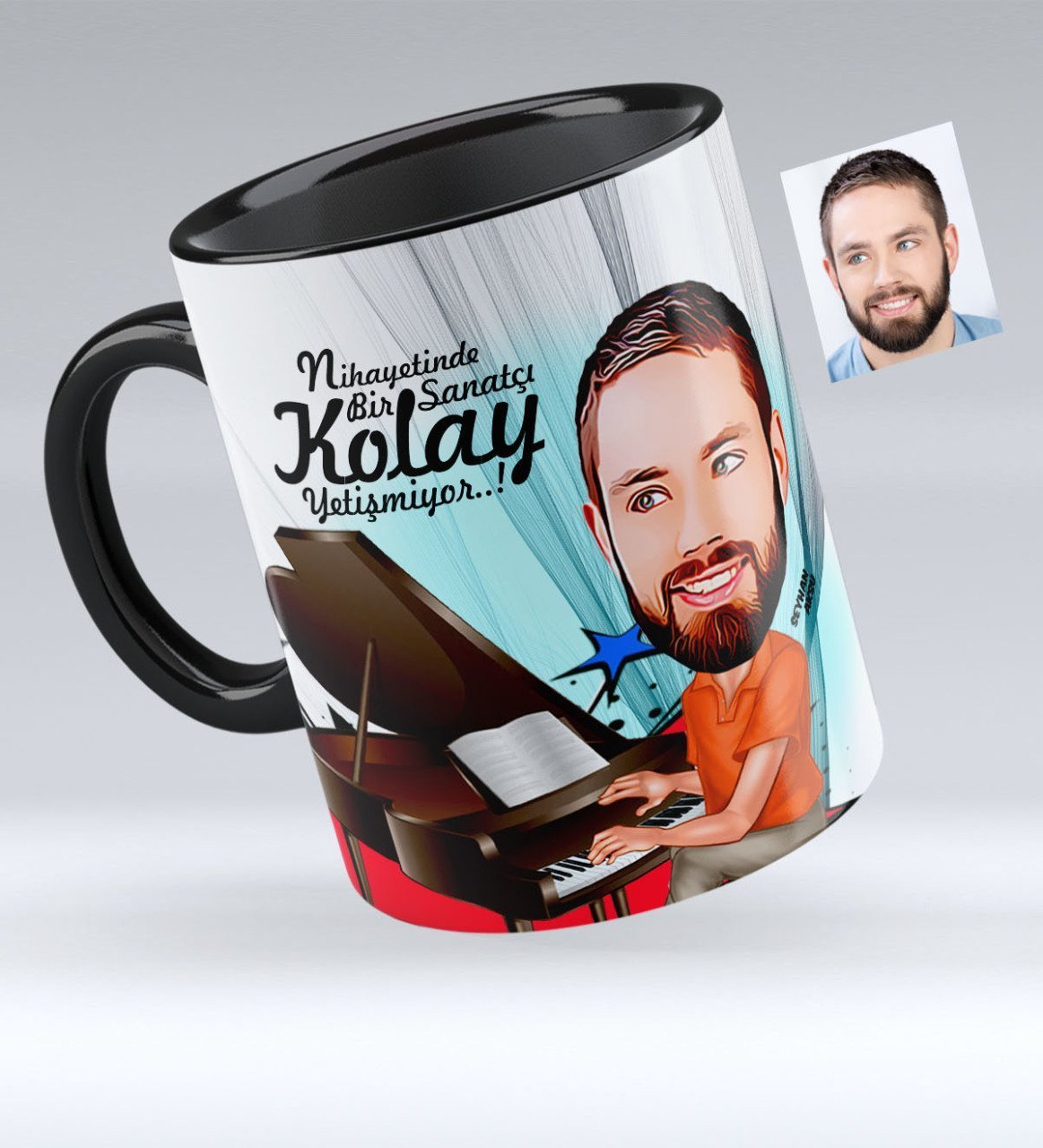 Kişiye Özel Bay Piyanist Karikatürlü Siyah Kupa Bardak - 1