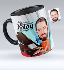 Kişiye Özel Bay Piyanist Karikatürlü Siyah Kupa Bardak - 1