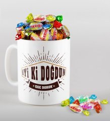 Kişiye Özel İyi ki Doğdun Tasarımlı Kupa ve Haribo Fruitbons Şeker Hediye Seti-3