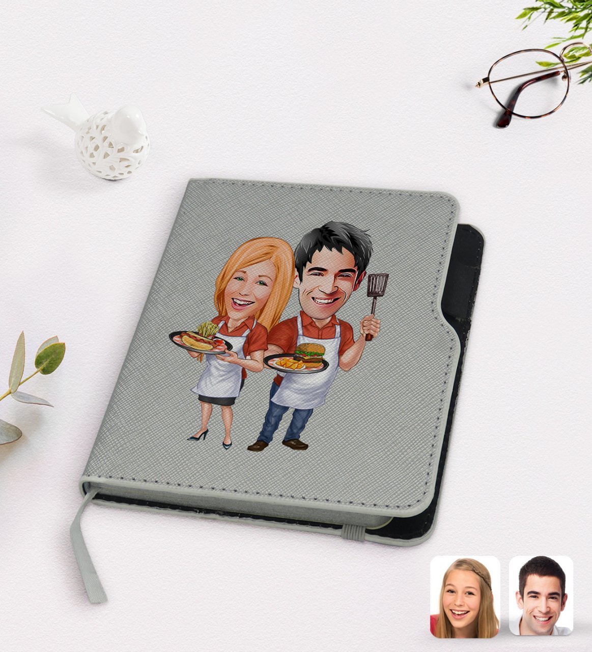 Kişiye Özel Sevgililer Karikatürlü Gri Termo Deri Defter-57