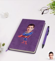 Kişiye Özel Süper Baba Karikatürlü Mor Termo Deri Defter Kalem Seti Model 1