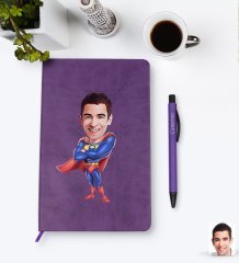 Kişiye Özel Süper Baba Karikatürlü Mor Termo Deri Defter Kalem Seti Model 1