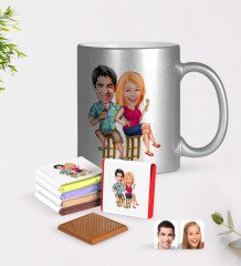 Kişiye Özel Sevgililer Karikatürlü Krom Kupa ve Çikolata Hediye Seti-51