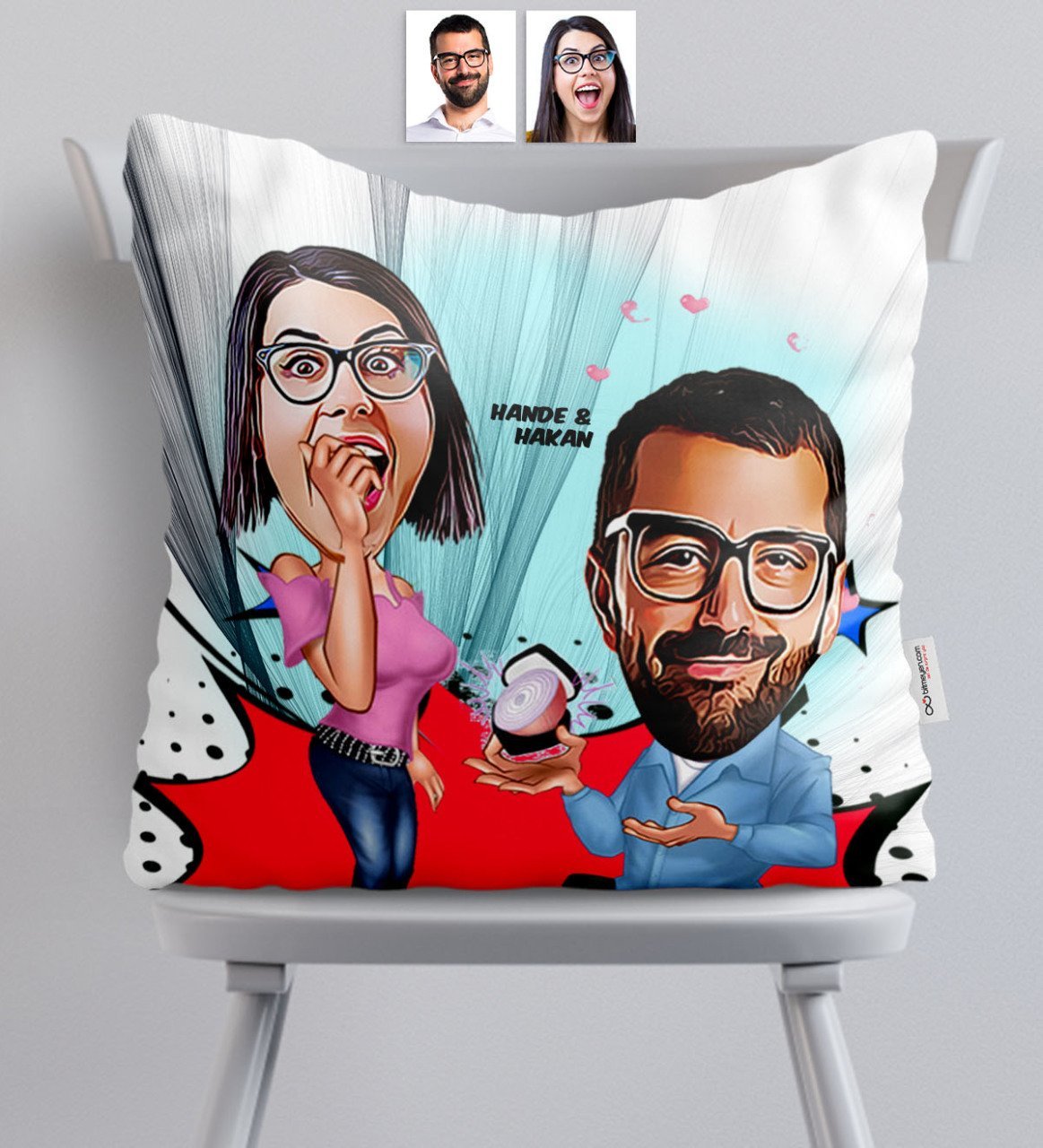 Kişiye Özel Evlilik Teklifi Karikatürlü Saten Yastık - 1