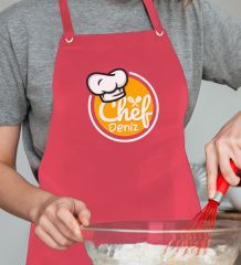 BK Gift Kişiye Özel İsimli Chef Tasarımlı Profesyonel Kırmızı Mutfak Önlüğü, Aşçı Önlüğü, Şef Önlüğü, Arkadaşa Hediye-1