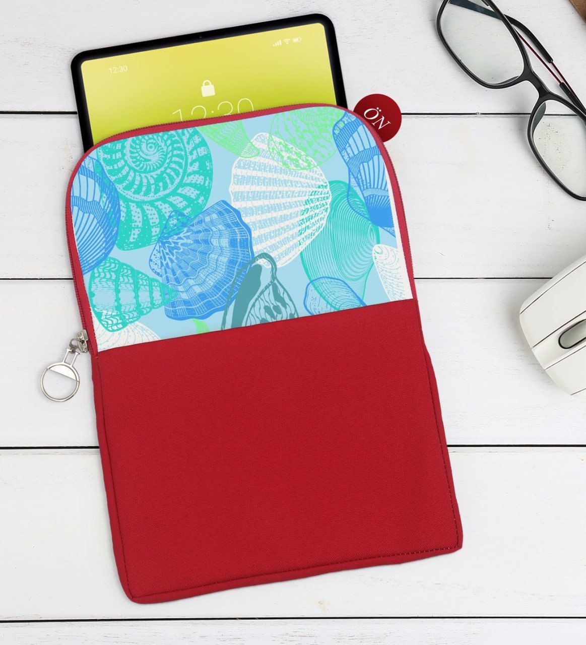 BK Gift Deniz Kabukları Tasarımlı Taşınabilir Koruyucu Tablet Kılıfı & Organizer Çanta - Kırmızı-1