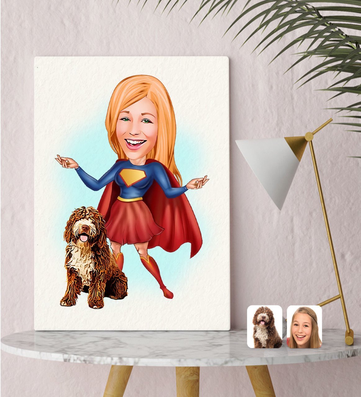 Kişiye Özel Evcil Dost ve Süper Kadın Karikatürlü Kanvas Tablo 30x50cm-11