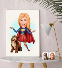 Kişiye Özel Evcil Dost ve Süper Kadın Karikatürlü Kanvas Tablo 30x50cm-11