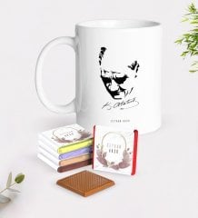 Kişiye Özel Atatürk Temalı Beyaz Kupa ve Çikolata Hediye Seti-25
