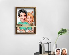 Kişiye Özel Sevgililer Karikatürlü Doğal Masif Ahşap Çerçeveli Tablo Duvar Rafı-55