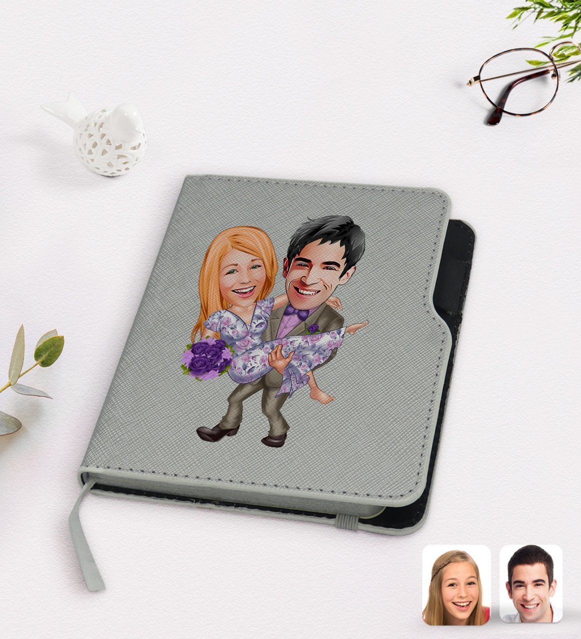 Kişiye Özel Sevgililer Karikatürlü Gri Termo Deri Defter-56