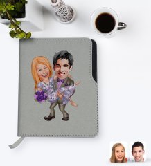 Kişiye Özel Sevgililer Karikatürlü Gri Termo Deri Defter-56