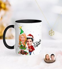 Kişiye Özel Yeni Yıl Sevgililer Karikatürlü Siyah Kupa ve Kar Tanesi Kolye-1