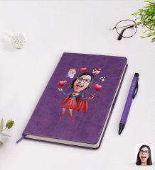 Kişiye Özel Süper Anne Karikatürlü Mor Termo Deri Defter Kalem Seti Model 1