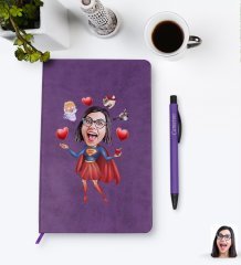 Kişiye Özel Süper Anne Karikatürlü Mor Termo Deri Defter Kalem Seti Model 1