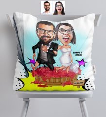 Kişiye Özel Gelin Damat Karikatürlü Saten Yastık - 10