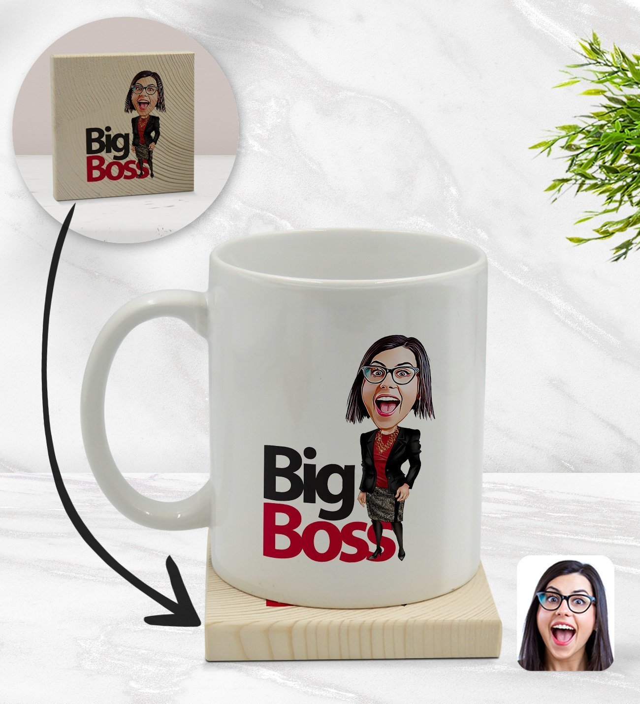 Kişiye Özel Kadın Big Boss Karikatürlü Beyaz Kupa Bardak ve Ahşap Bardak Altlığı Hediye Seti - Model 2