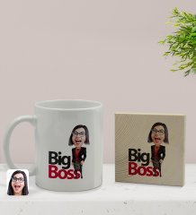 Kişiye Özel Kadın Big Boss Karikatürlü Beyaz Kupa Bardak ve Ahşap Bardak Altlığı Hediye Seti - Model 2