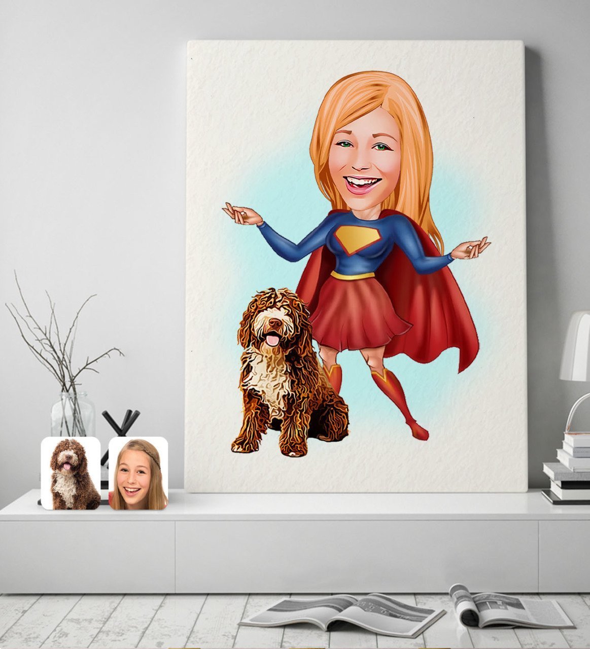 Kişiye Özel Evcil Dost ve Süper Kadın Karikatürlü Kanvas Tablo 50x70cm-11
