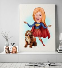 Kişiye Özel Evcil Dost ve Süper Kadın Karikatürlü Kanvas Tablo 50x70cm-11