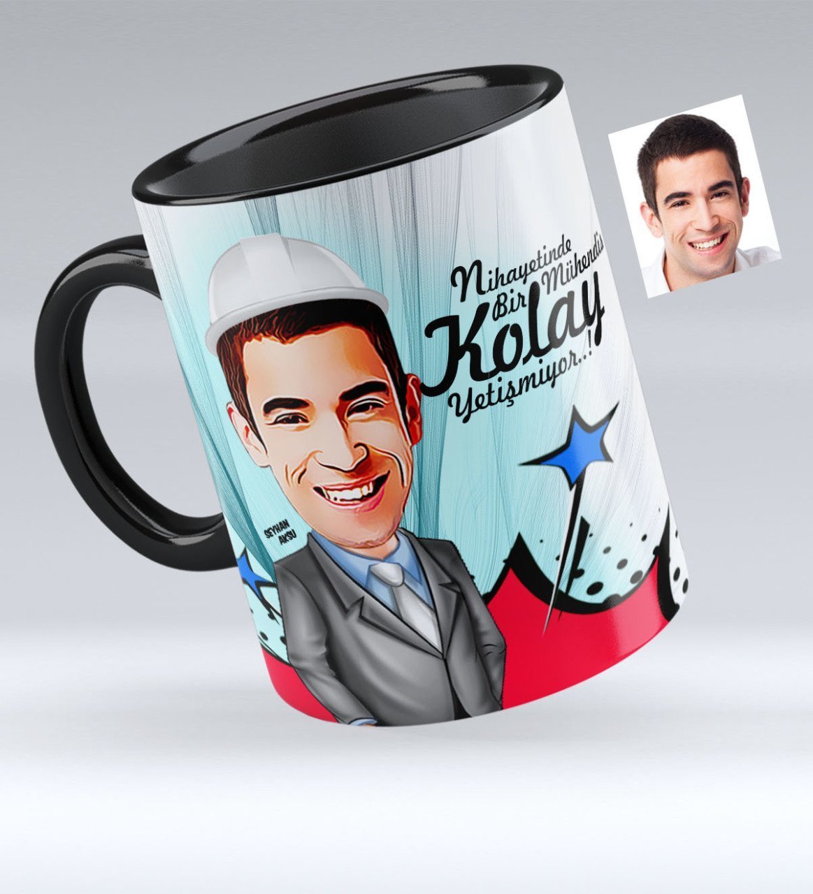 Kişiye Özel Bay Mühendis Karikatürlü Siyah Kupa Bardak - 1