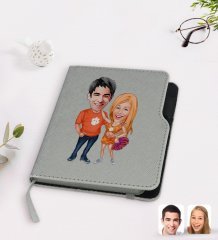 Kişiye Özel Sevgililer Karikatürlü Gri Termo Deri Defter-54