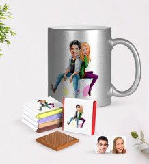 Kişiye Özel Sevgililer Karikatürlü Krom Kupa ve Çikolata Hediye Seti-35