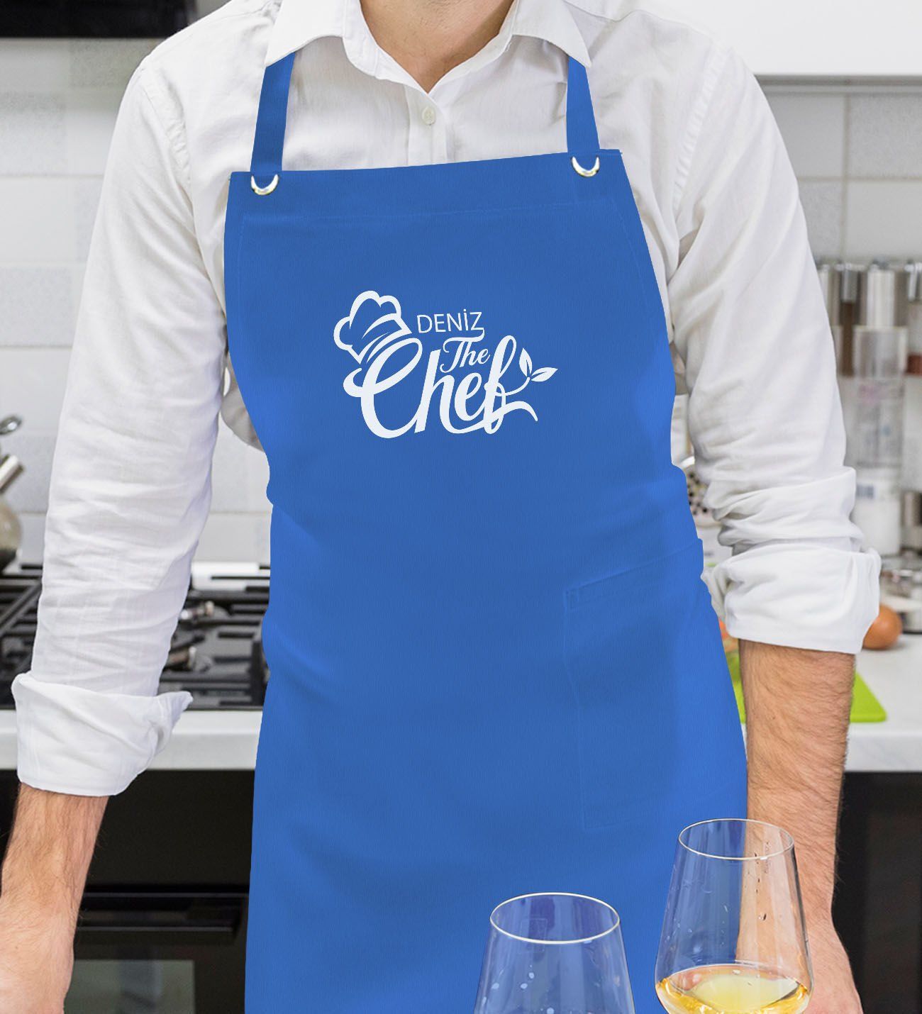 BK Gift Kişiye Özel İsimli Chef Tasarımlı Profesyonel Saks Mavi Mutfak Önlüğü, Aşçı Önlüğü, Şef Önlüğü, Arkadaşa Hediye-11