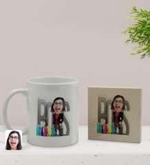 Kişiye Özel Kadın Big Boss Karikatürlü Beyaz Kupa Bardak ve Ahşap Bardak Altlığı Hediye Seti - Model 1