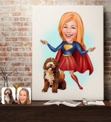 Kişiye Özel Evcil Dost ve Süper Kadın Karikatürlü Kanvas Tablo 70x100cm-11