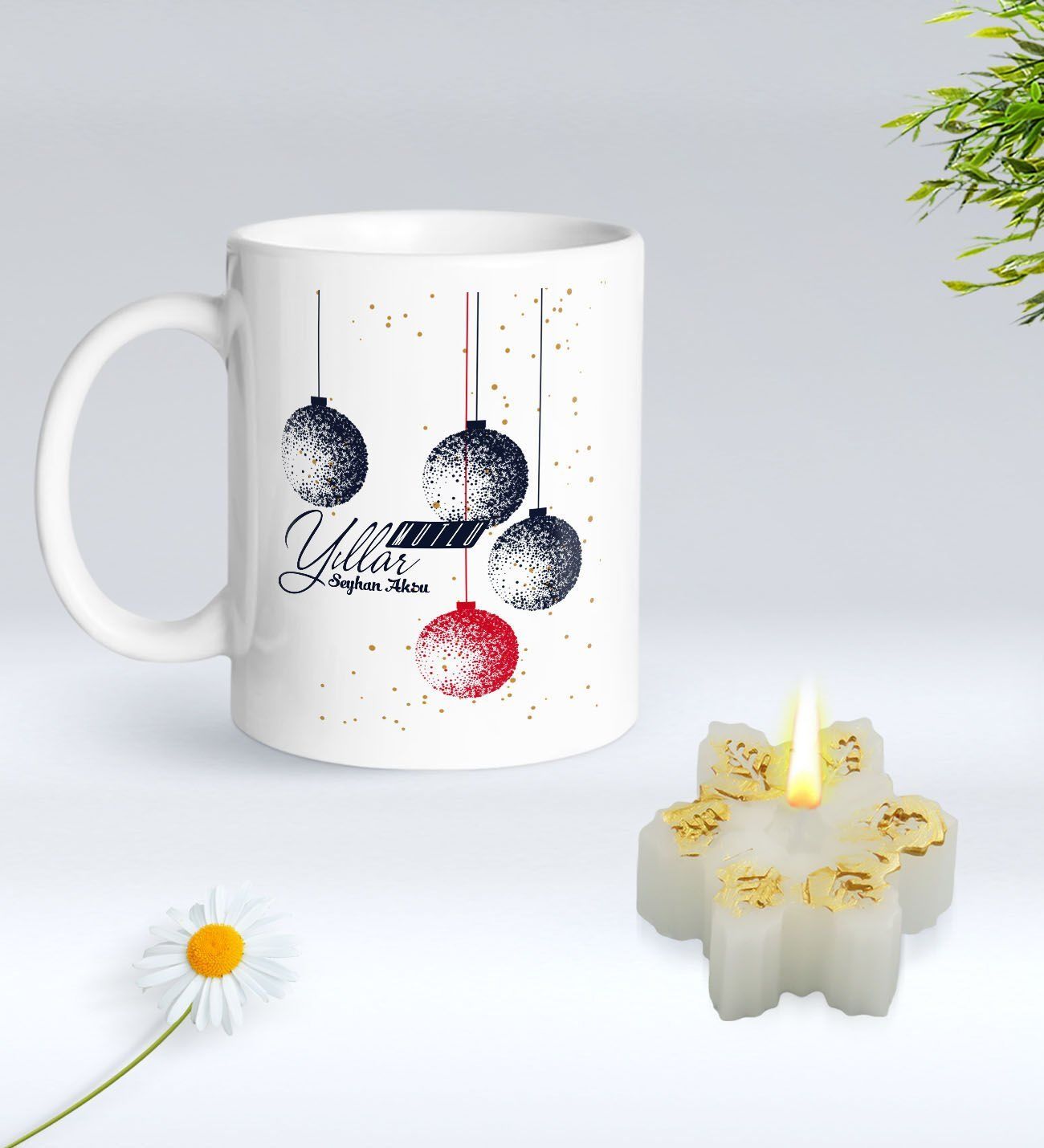 Yılbaşı Hediyesi BK Gift Kişiye Özel Yeni Yıl Tasarımlı Beyaz Kupa Bardak ve Kokulu Kar Tanesi Mum Hediye Seti-11, Sevgiliye Hediye, Arkadaşa Hediye