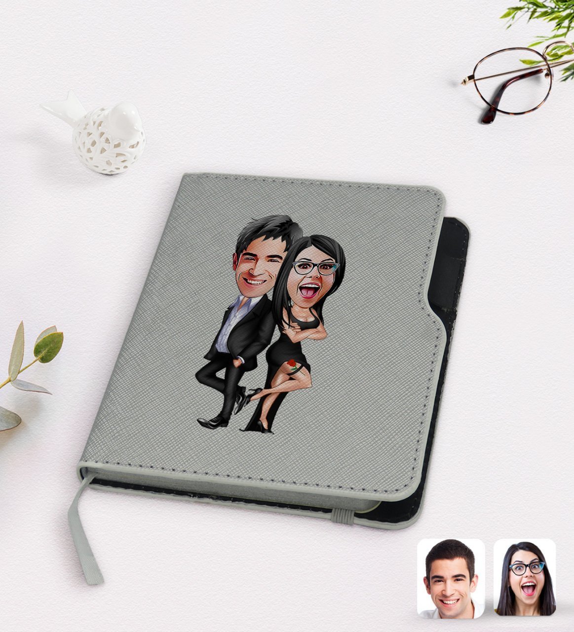 Kişiye Özel Sevgililer Karikatürlü Gri Termo Deri Defter-6