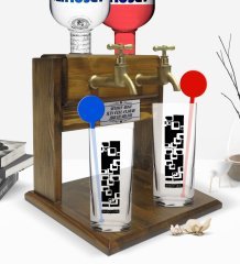 Kişiye Özel Renkli Baskılı İsimli İkili Vodka Bardağı ve Çift Musluklu Doğal Ahşap Vodka Standı-121