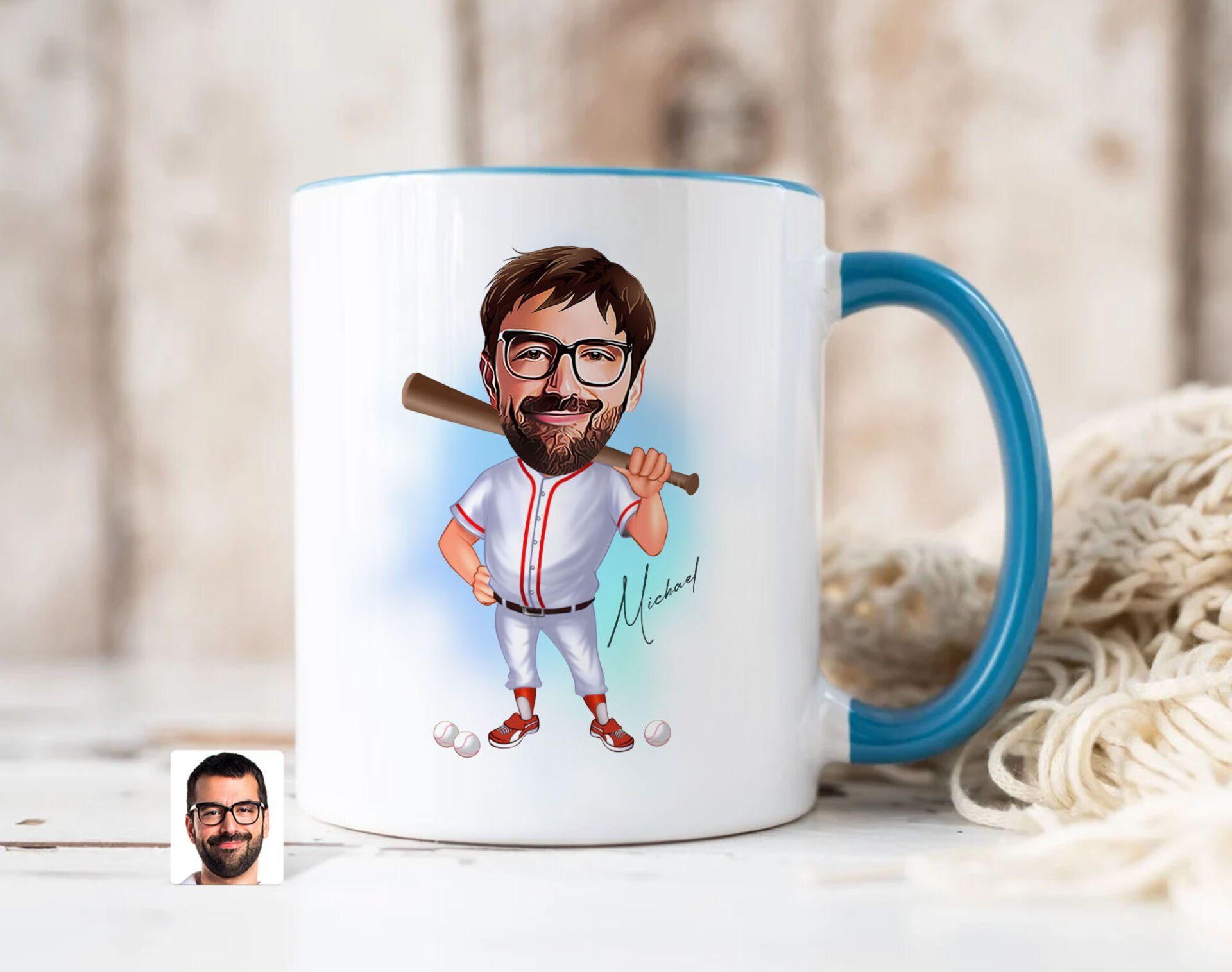 Bk Gift Kişiye Özel Beyzbol Karikatürlü Mavi Kupa Bardak-16, Sevgiliye Hediye, Arkadaşa Hediye