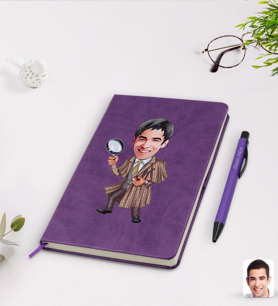 Kişiye Özel Müfettiş Karikatürlü Mor Termo Deri Defter Kalem Seti Model 1
