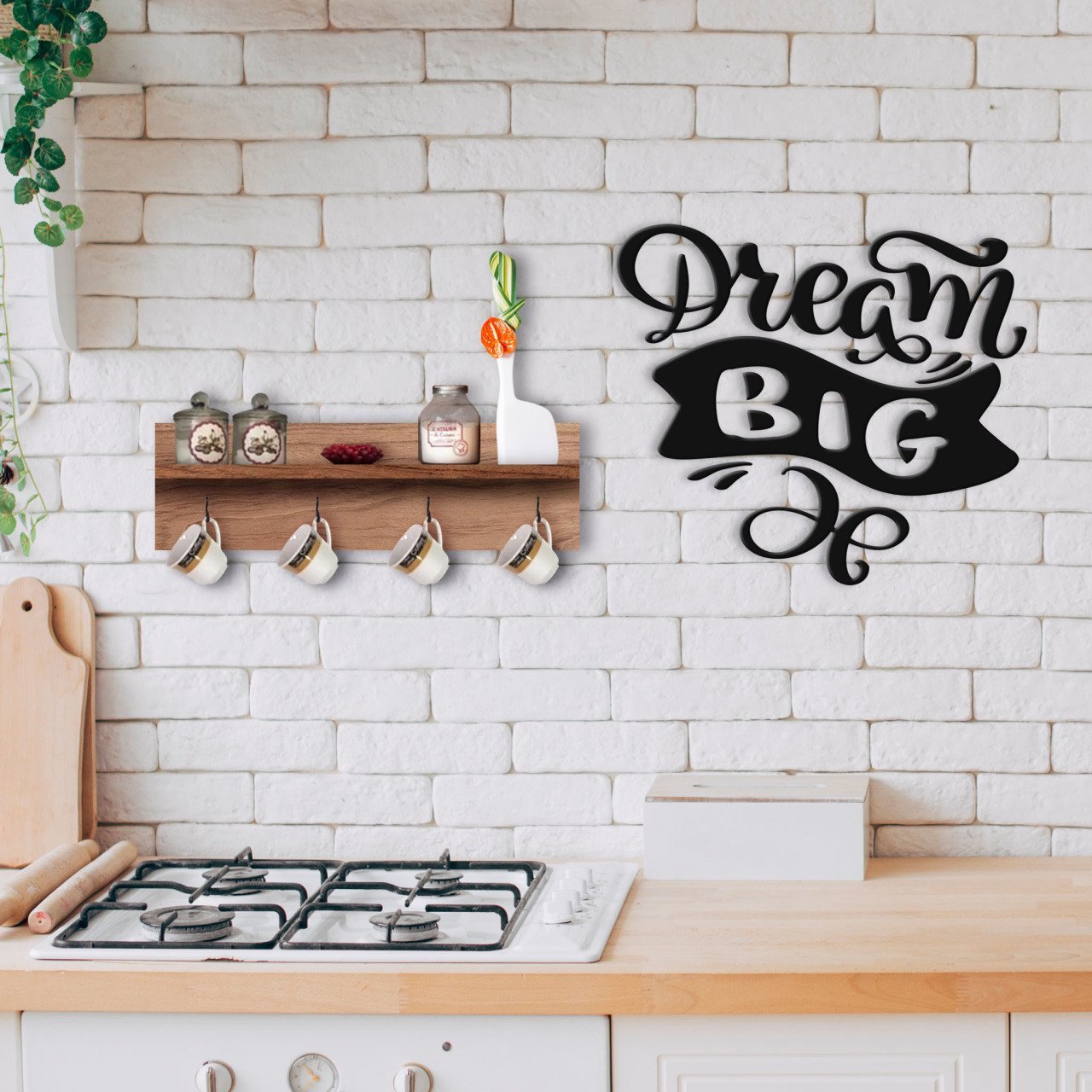 BK Home Doğal Ahşap Raflı Dekoratif Fincan Askılığı ve Büyük Düşün Duvar Süsü-1