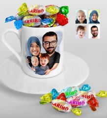 Kişiye Özel Tesettürlü Aile Karikatürlü Türk Kahvesi Fincanı ve Haribo Şeker Hediye Seti-4