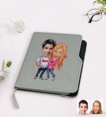 Kişiye Özel Sevgililer Karikatürlü Gri Termo Deri Defter-5