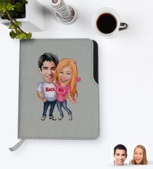 Kişiye Özel Sevgililer Karikatürlü Gri Termo Deri Defter-5
